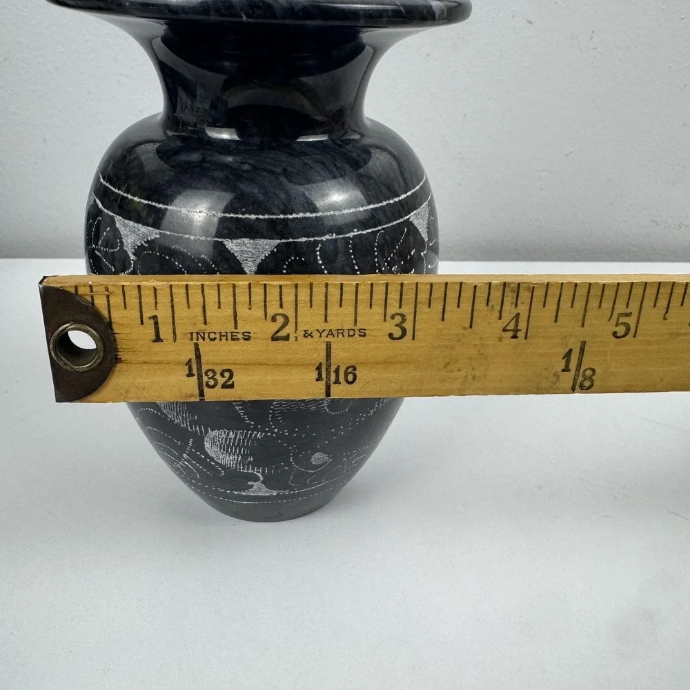 Black Stone Floral Etched Flower Vase Jar Small Decorative Modern‎ Contemporary